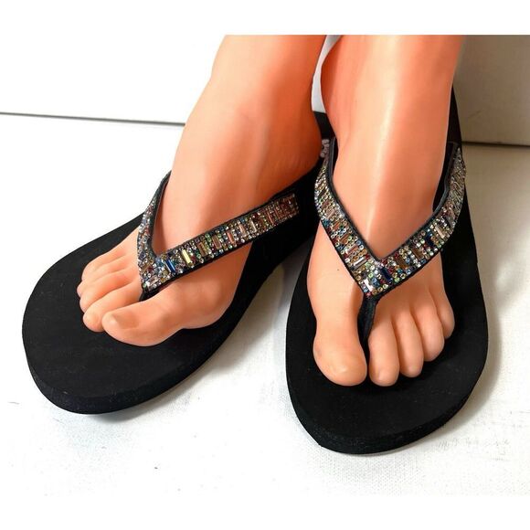 Yellow Box Flip Flops Black Sequined Thong Leather Sandals Women's 10 Zemily New - Picture 2 of 6